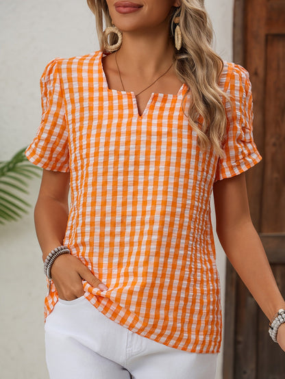 Dam Blus Elegant Rutig Vår/Sommar Top Kort Ärm Notch-Krage