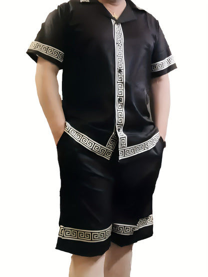 Herr Casual Set med Geometriskt Mönster – Sommarkläder, Kortärmad Skjorta och Shorts, Avslappnad Stil