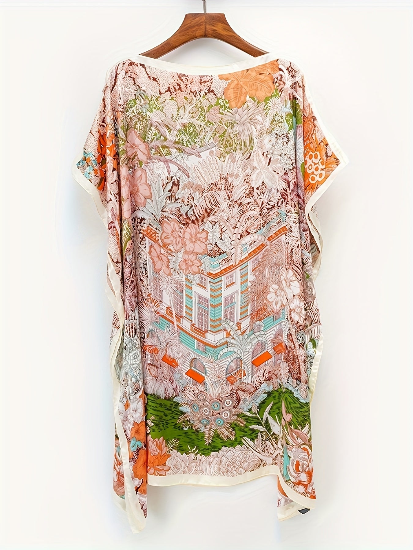 Dam Poncho Kaftan Boho Asymmetrisk Strandtunika med Blommönster