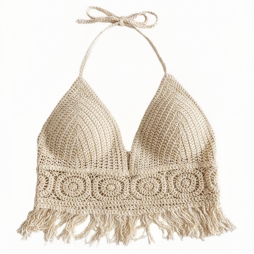 Dam Halterneck Virkad Boho Sommarlinne med Fransar – Festival & Strandmode