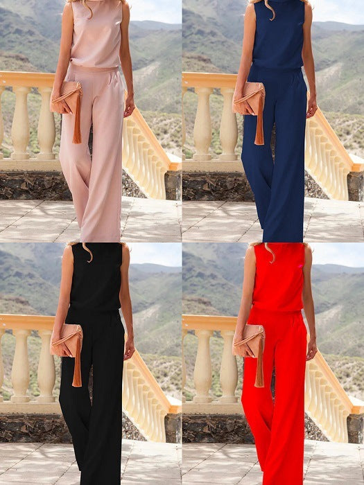 Dam Jumpsuit Elegant Rak Passform Ärmlös med Fickor – Perfekt för Fest och Vardag