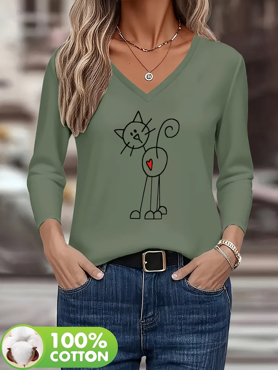 Dam T-shirt med lång ärm, V-ringning och kattryck