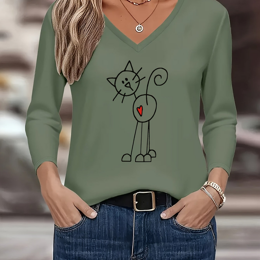 Dam T-shirt med lång ärm, V-ringning och kattryck
