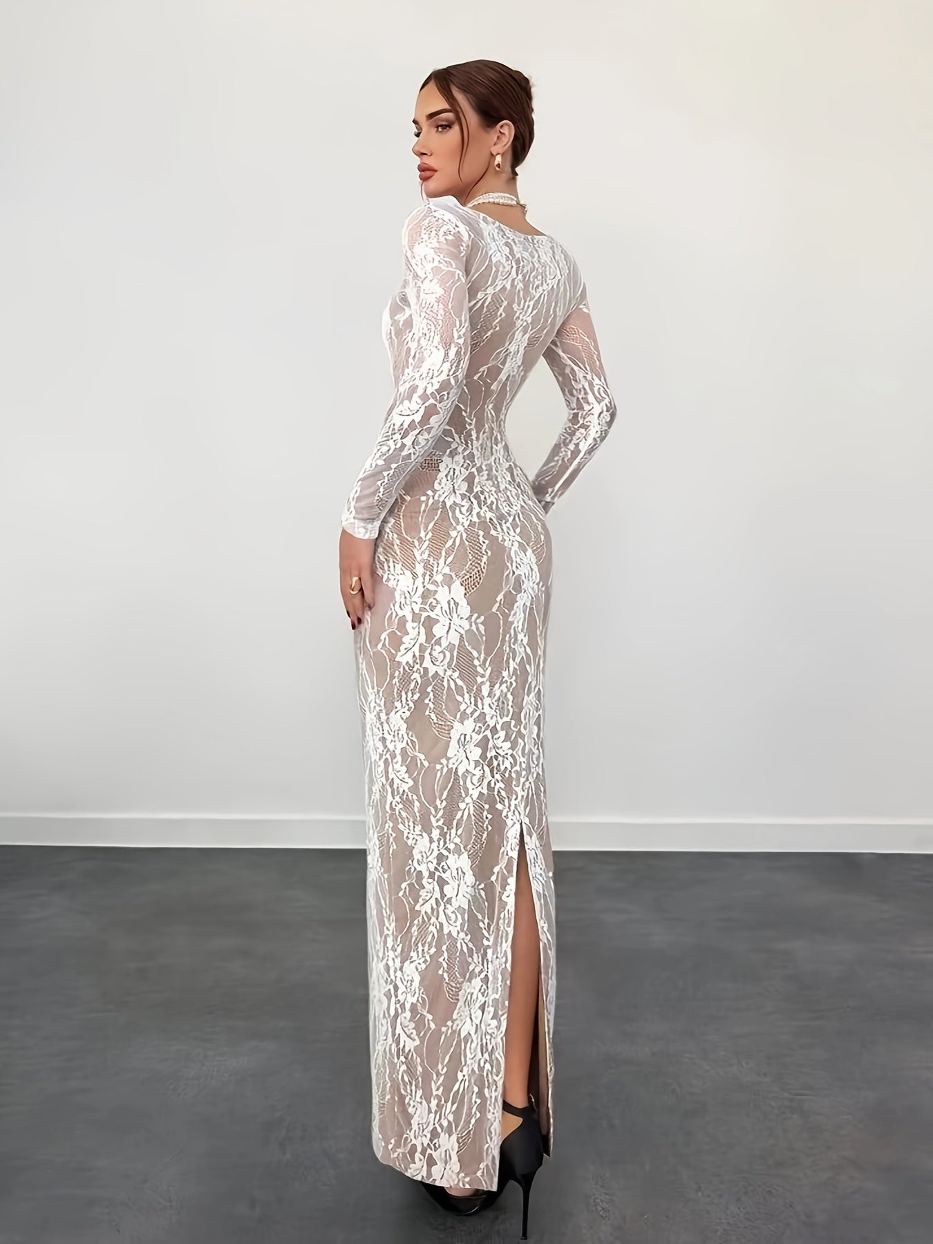 Dam Klänning Elegant Bodycon Långarmad Festklänning med Spetsdetaljer