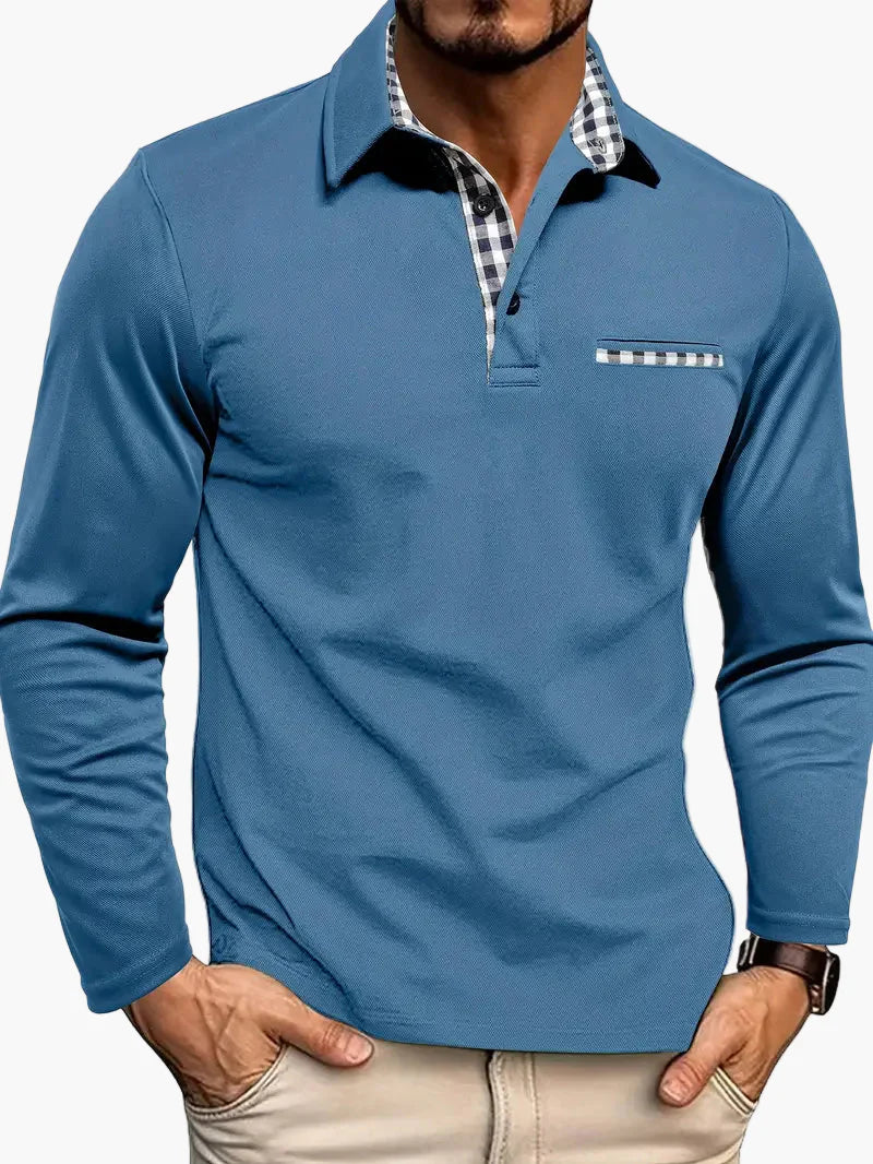 Herr Pikétröja med Långa Ärmar och Rutiga Detaljer – Modern Slim Fit för Alla Tillfällen