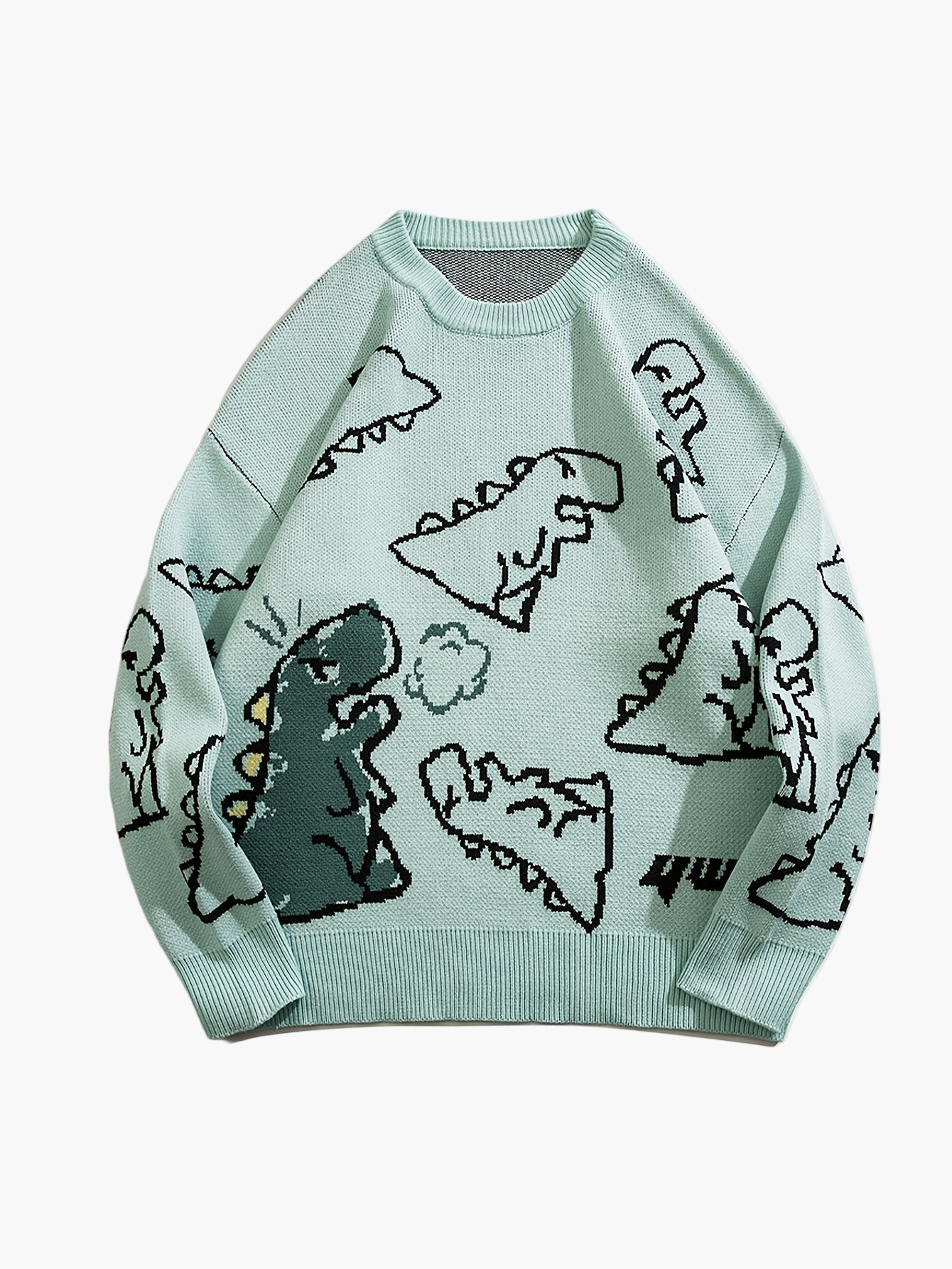 Herrtröja med tecknad dinosauriedesign, avslappnad streetwear för höst och vinter