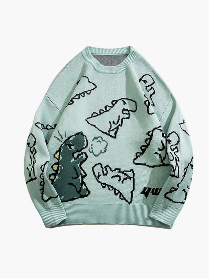 Herrtröja med tecknad dinosauriedesign, avslappnad streetwear för höst och vinter