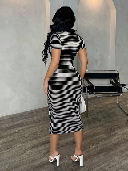 Damklänning – Polo Bodycon Randig Midiklänning för Elegant och Modern Look