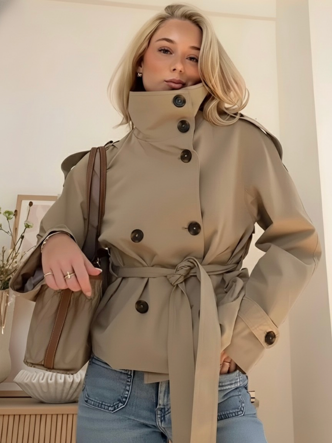 Kort Trenchjacka Dam med Krage och Knappar, Beige