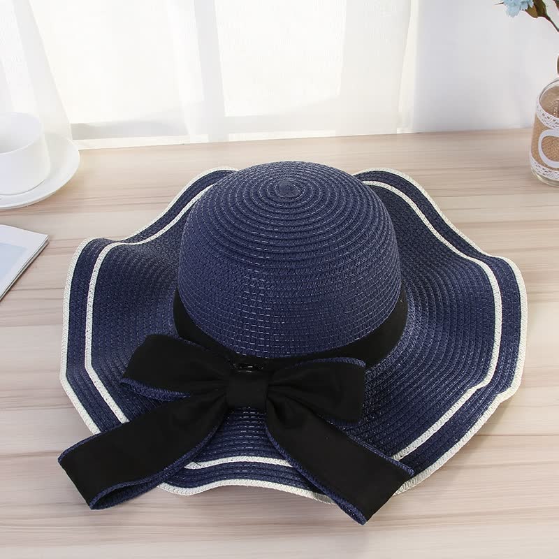 Solhatt med Vågformad Brätte och Rosett - Beige Strå