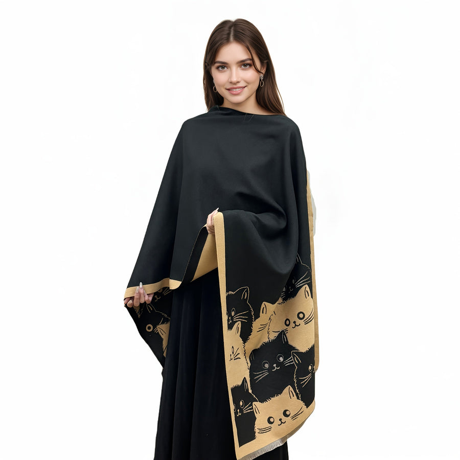 Poncho med kattmotiv och fransar, brun