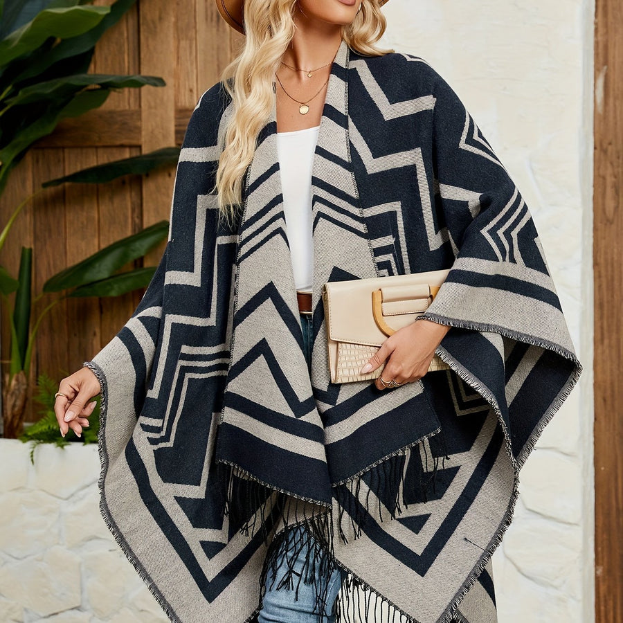 Women���s Geometric Open-Front Poncho Cape