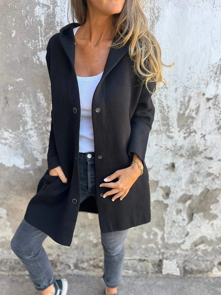 Linda – Lättvikts Huva Enkelt Knäppt Cardigan Fashion Lös Enfärgad Jacka Vår och Höst Damkläder
