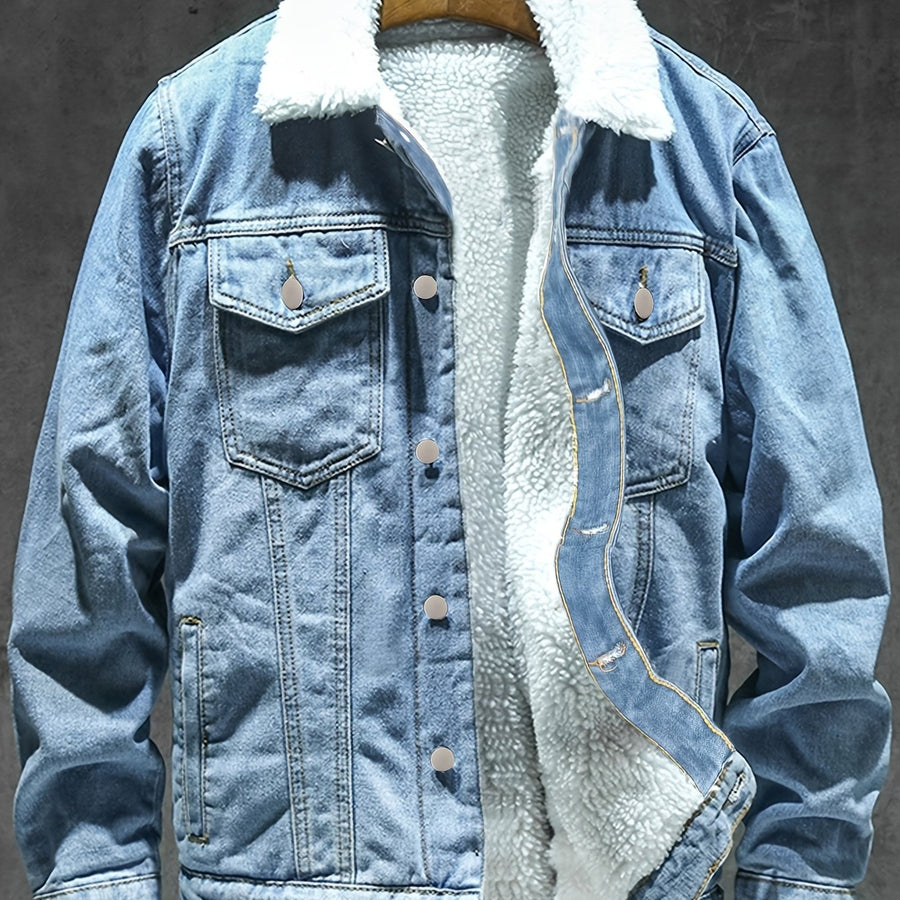 Jeansjacka med foder i teddytyg, ljusblå denim vinterjacka för män