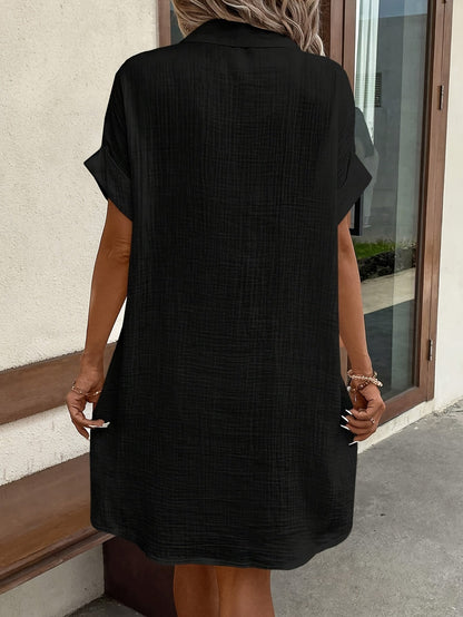 Dam Skjortklänning Kort Ärms Avslappnad Vardagsstil med Knappar och Fickor