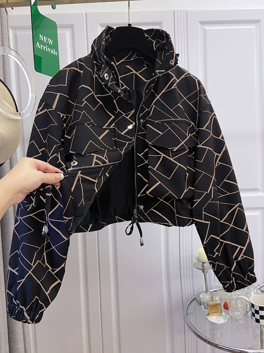 Damjacka kort modell med ståkrage och mönster, dragkedja, justerbar midja