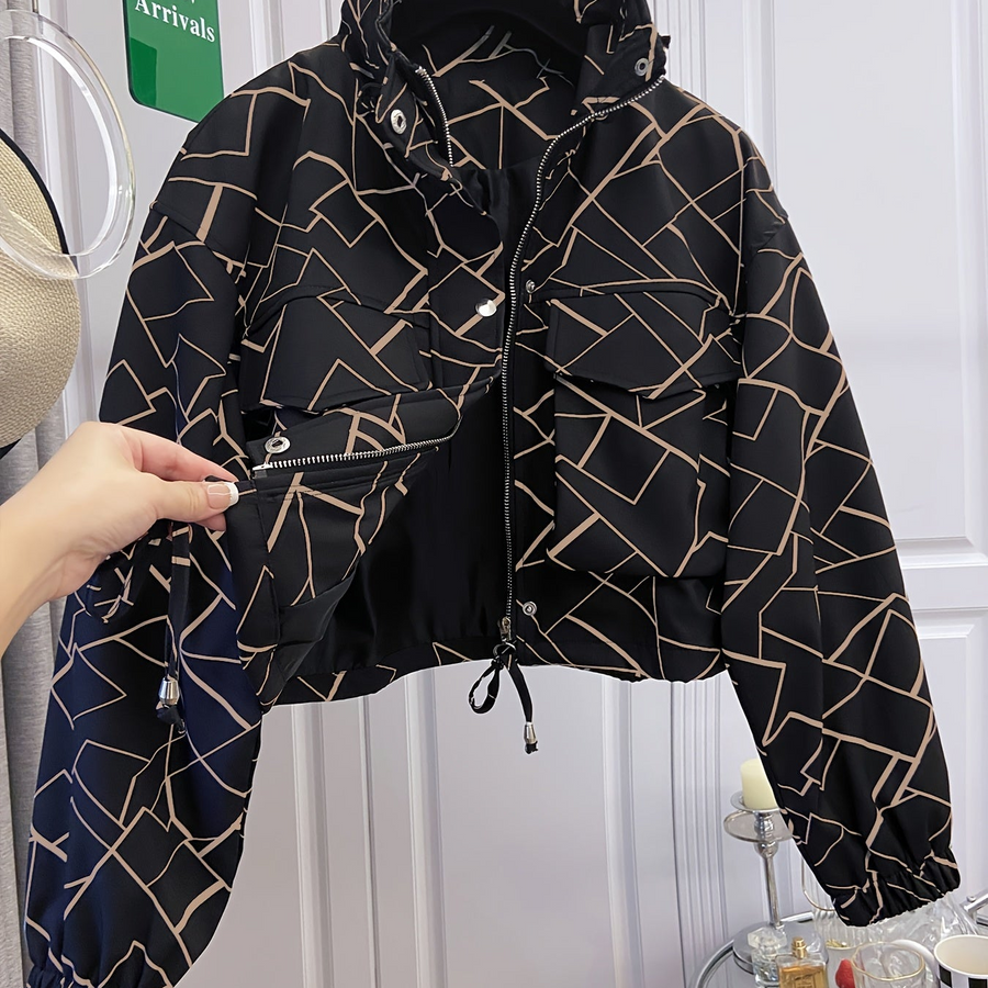 Damjacka kort modell med ståkrage och mönster, dragkedja, justerbar midja