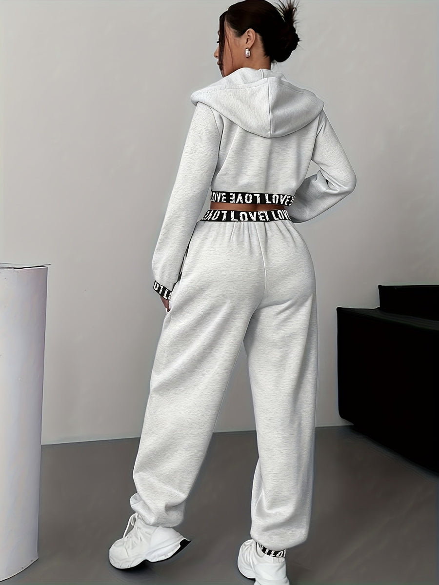 Dam Träningsset Crop Hoodie och Joggingbyxor med Hög Midja, Bokstavsmönster
