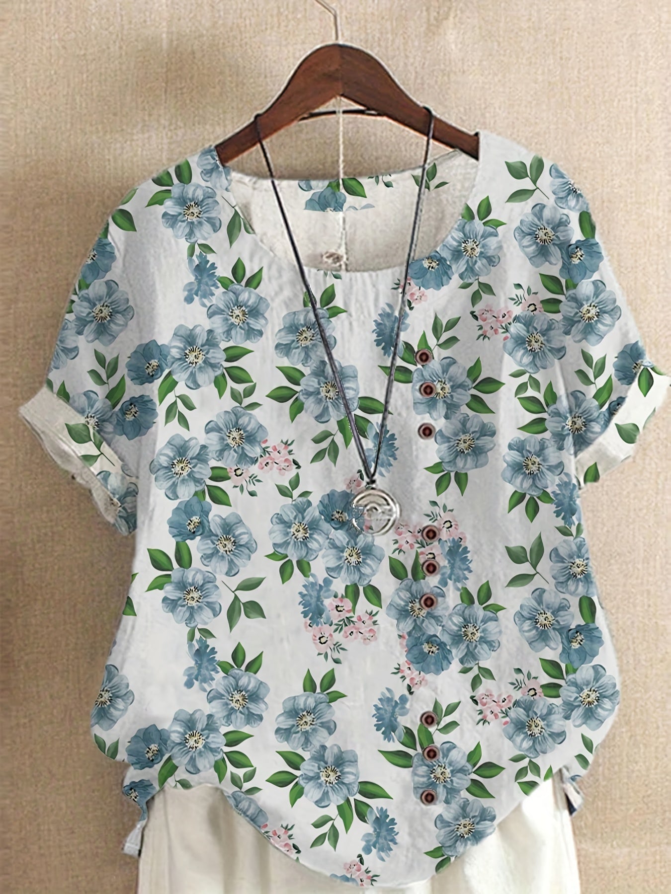 Dam Blus Vintage Blommig Kortärmad Sommartopp med Knappar