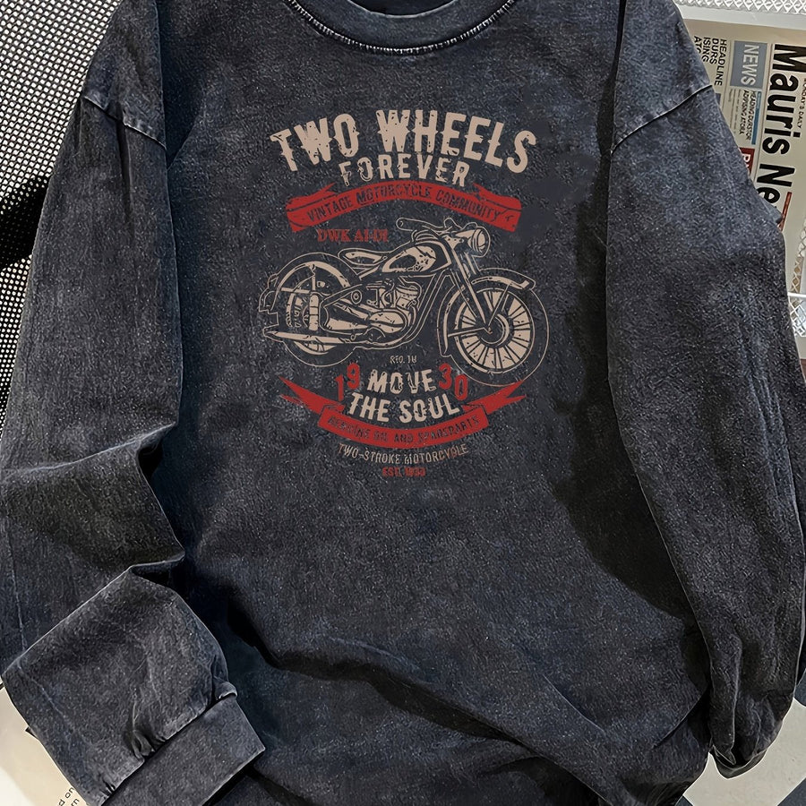 Mörkgrå Långärmad Tröja med Motorcykelmotiv och Sliten Look