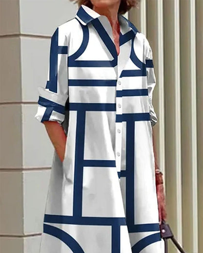 Dam Skjortklänning med Geometriskt Mönster och Fickor, Avslappnad och Elegant Vardagsstil