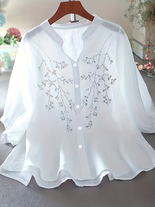 Dam Elegant Blus med Broderade Blommor och Ståkrage – Perfekt för Sommar och Arbete