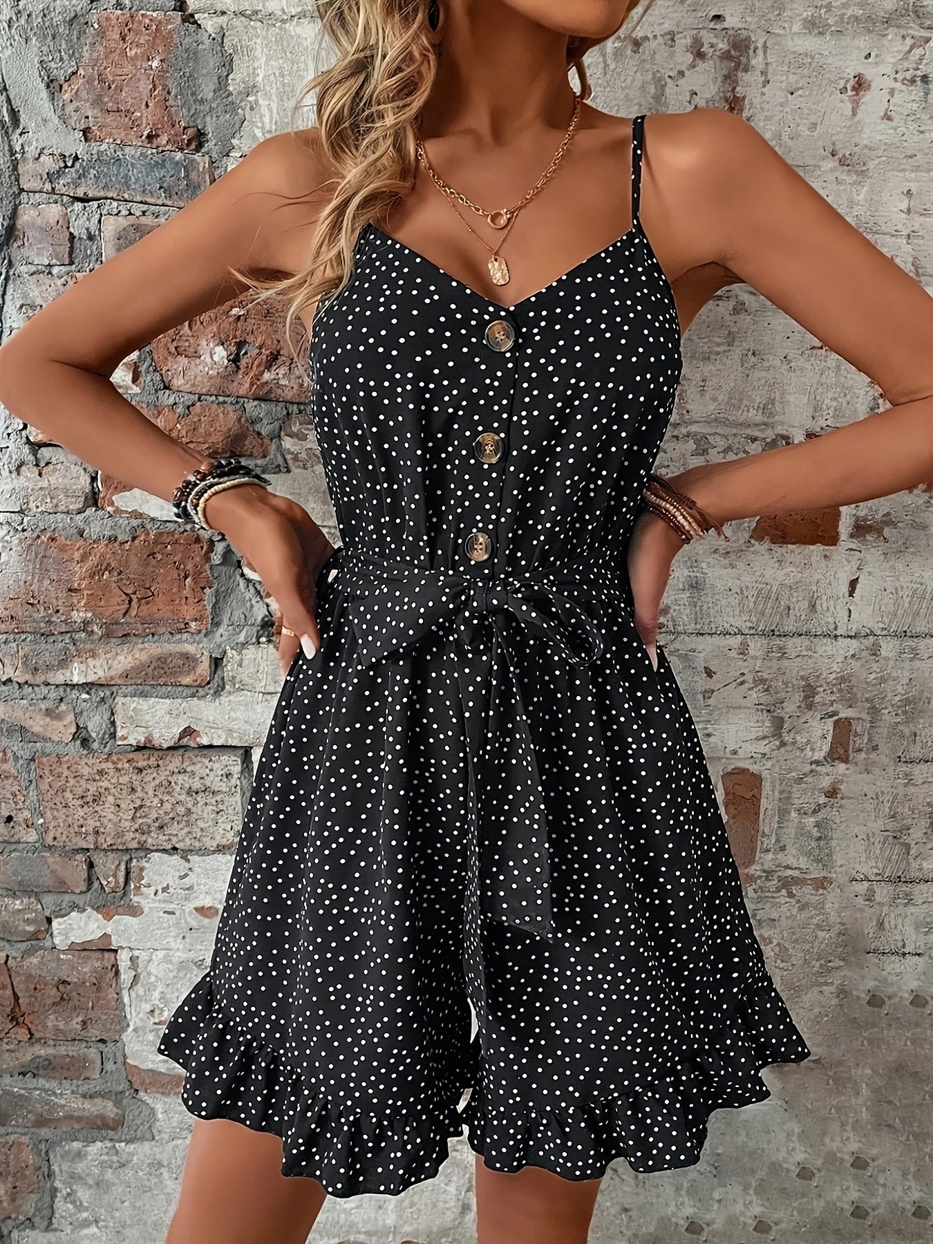 Dam Playsuit med Prickigt Mönster och Volangdetaljer – Elegant Sommaroutfit