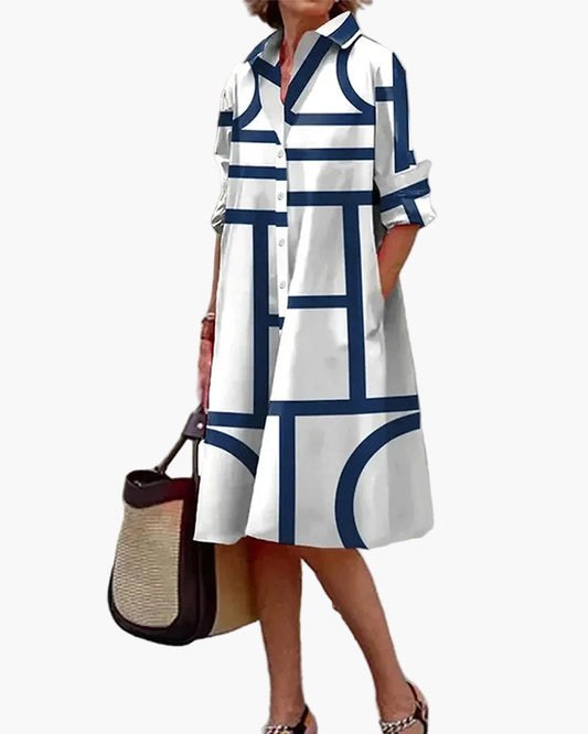 Dam Skjortklänning med Geometriskt Mönster och Fickor, Avslappnad och Elegant Vardagsstil