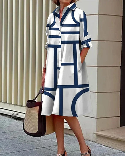 Dam Skjortklänning med Geometriskt Mönster och Fickor, Avslappnad och Elegant Vardagsstil