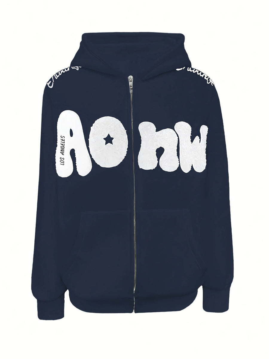 Rosa dragkedjehoodie med stjärna och text