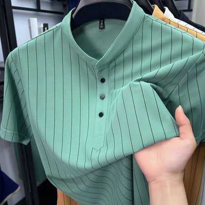 Herrskjorta med kort ärm och ståkrage – Stilren randig design för smart-casual och vardagsbruk