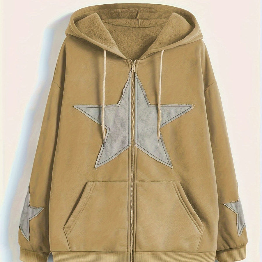 Brun Zip-up Hoodie med Huva och Stjärnmotiv – Rymlig Passform