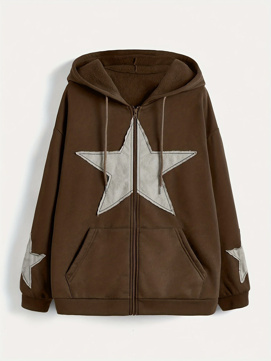 Brun Zip-up Hoodie med Huva och Stjärnmotiv – Rymlig Passform