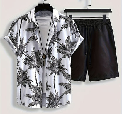 Herrset – Somrig semesterlook med palmtryck, kortärmad skjorta och shorts, avslappnad stil för fritid och strand