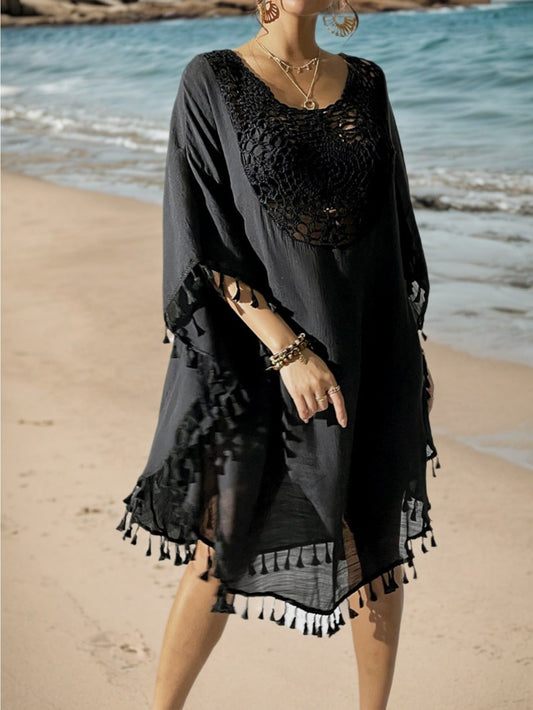 Dam Poncho-Kaftan Strandtunika Med Virkad Detalj och Toffsar – Bohemisk Semesterstil