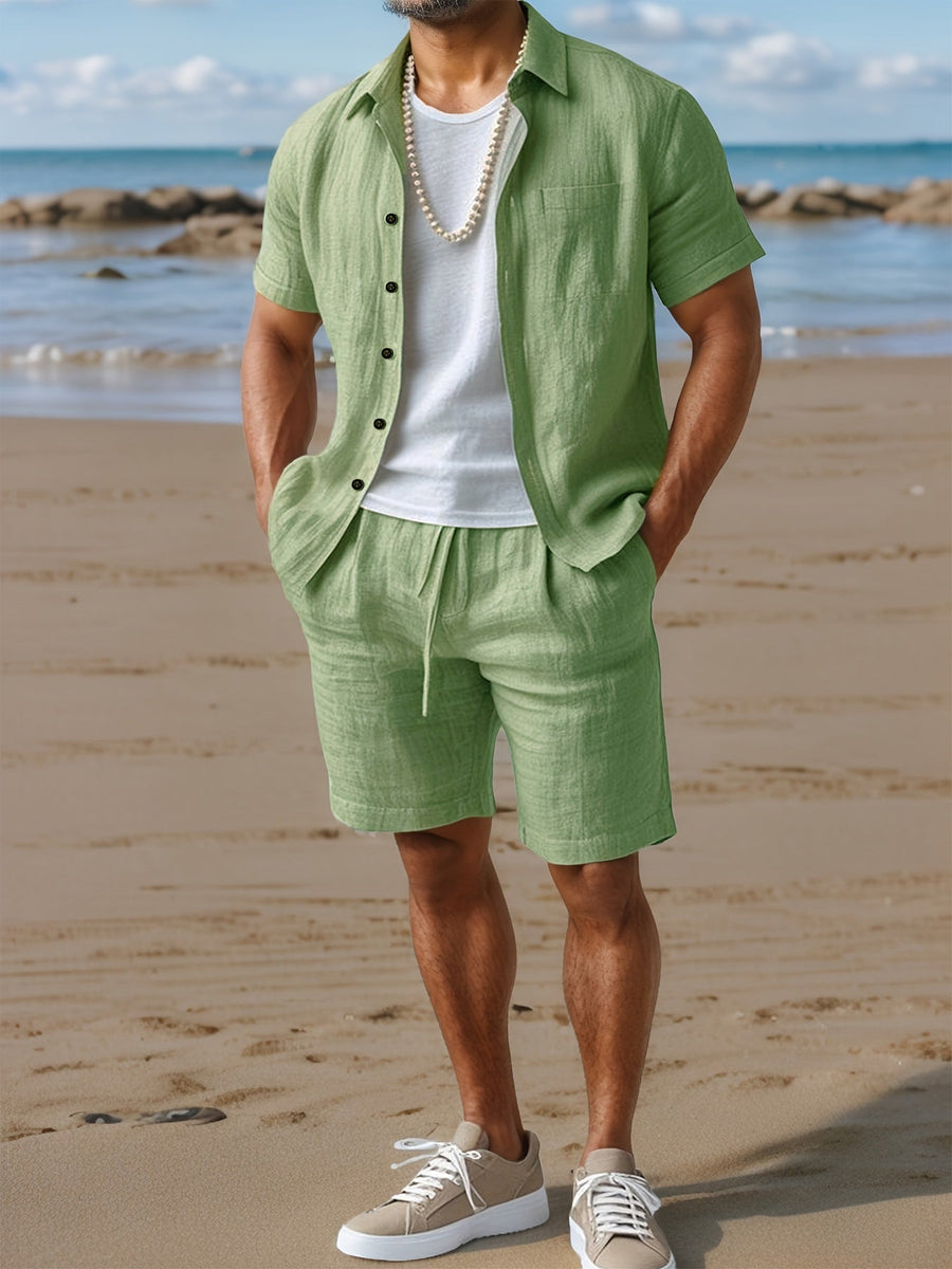 Herrset med kortärmad skjorta och shorts för strand och sommar – Boho-stil