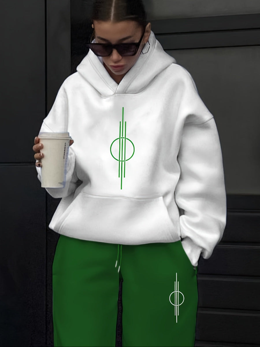 Vit Hoodie och Mjukisbyxor Set med Geometriskt Tryck