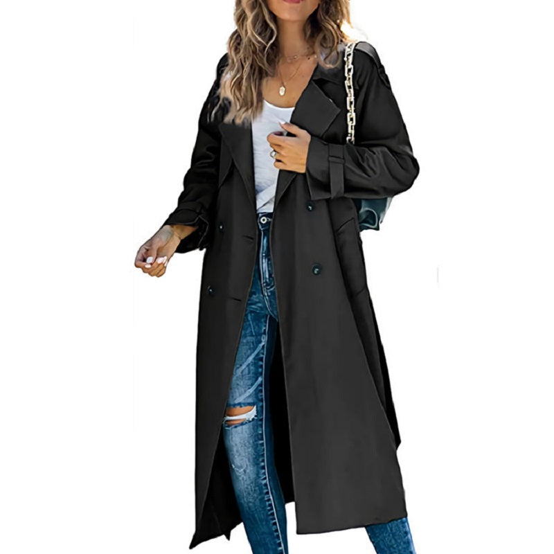 Lång dubbelknäppt trenchcoat för dam med krage