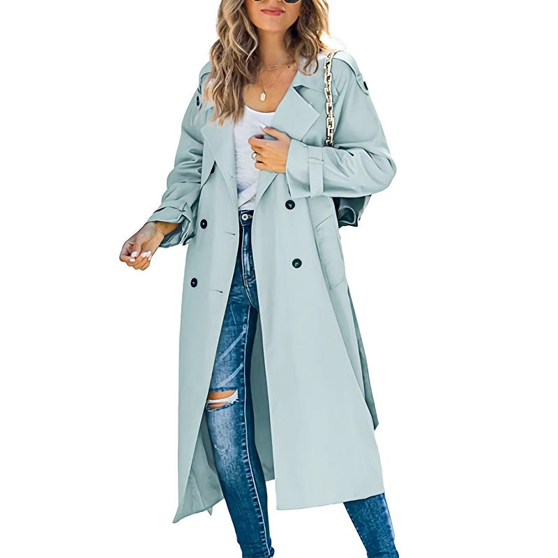 Lång dubbelknäppt trenchcoat för dam med krage