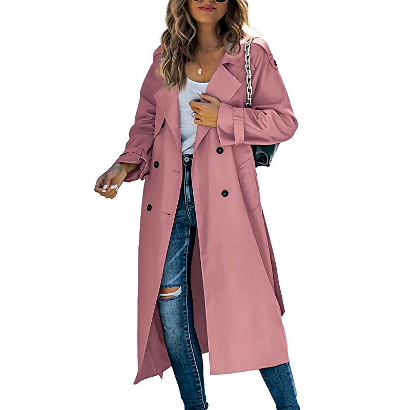 Lång dubbelknäppt trenchcoat för dam med krage