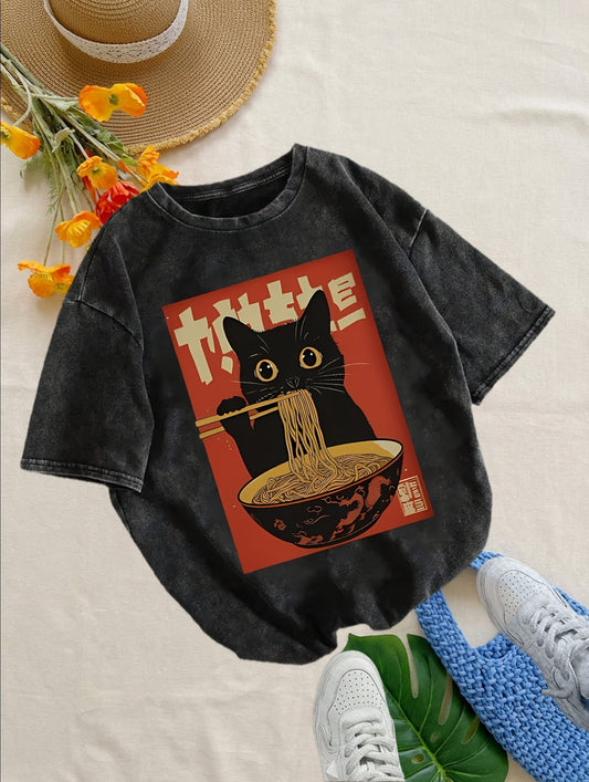 Unisex T-shirt med Vintage Katt och Ramen, Japansk Stil, Casual Mode