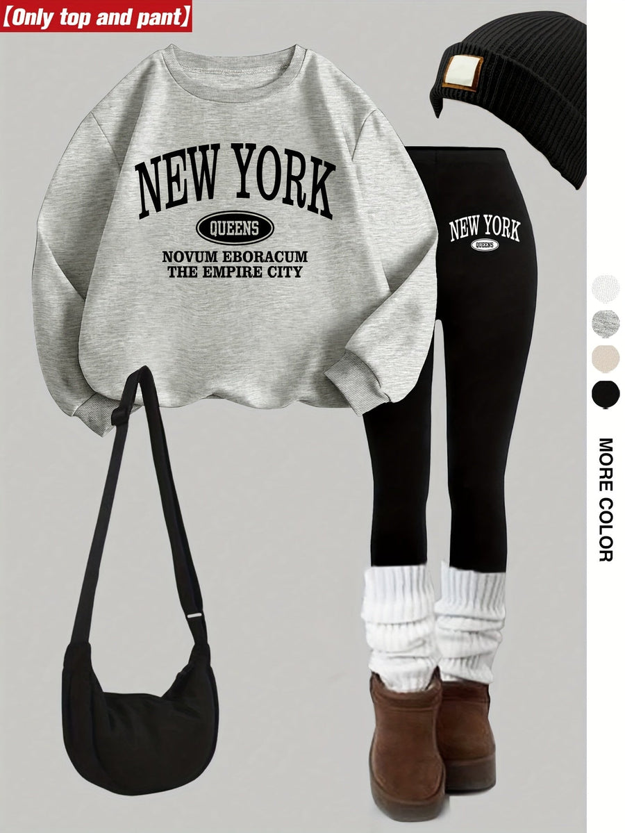 Dam Tröja & Leggings Set med New York-tryck, Rundhals, Långa Ärmar