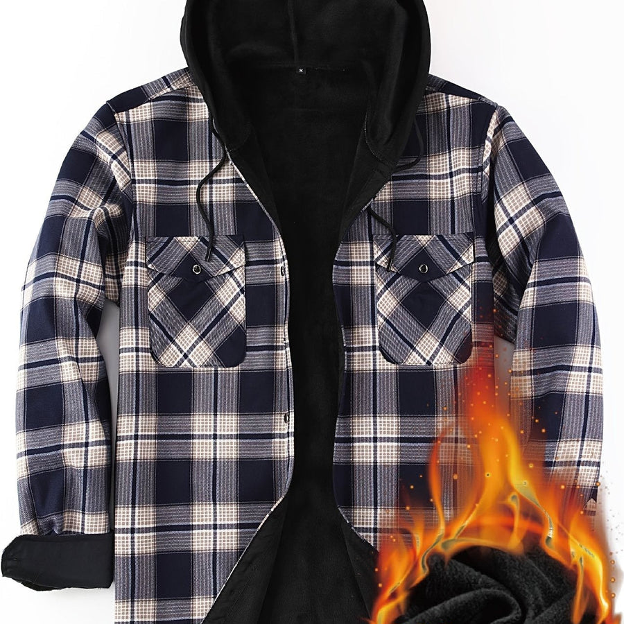 Men���s Plaid Hooded Thermal Flannel Shirt Jacket