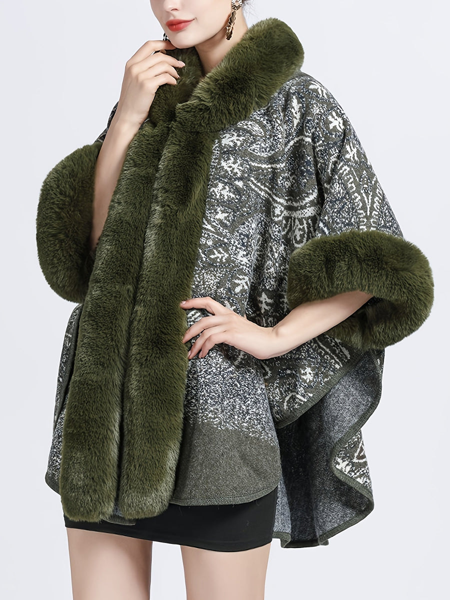 Mönstrad Poncho med Fuskpälsdetaljer och Huva Brun