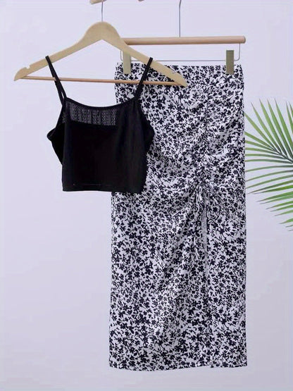 Dam Set – Trendigt Semesterkit med Crop Top och Blommig Kjol, Perfekt för Sommaren