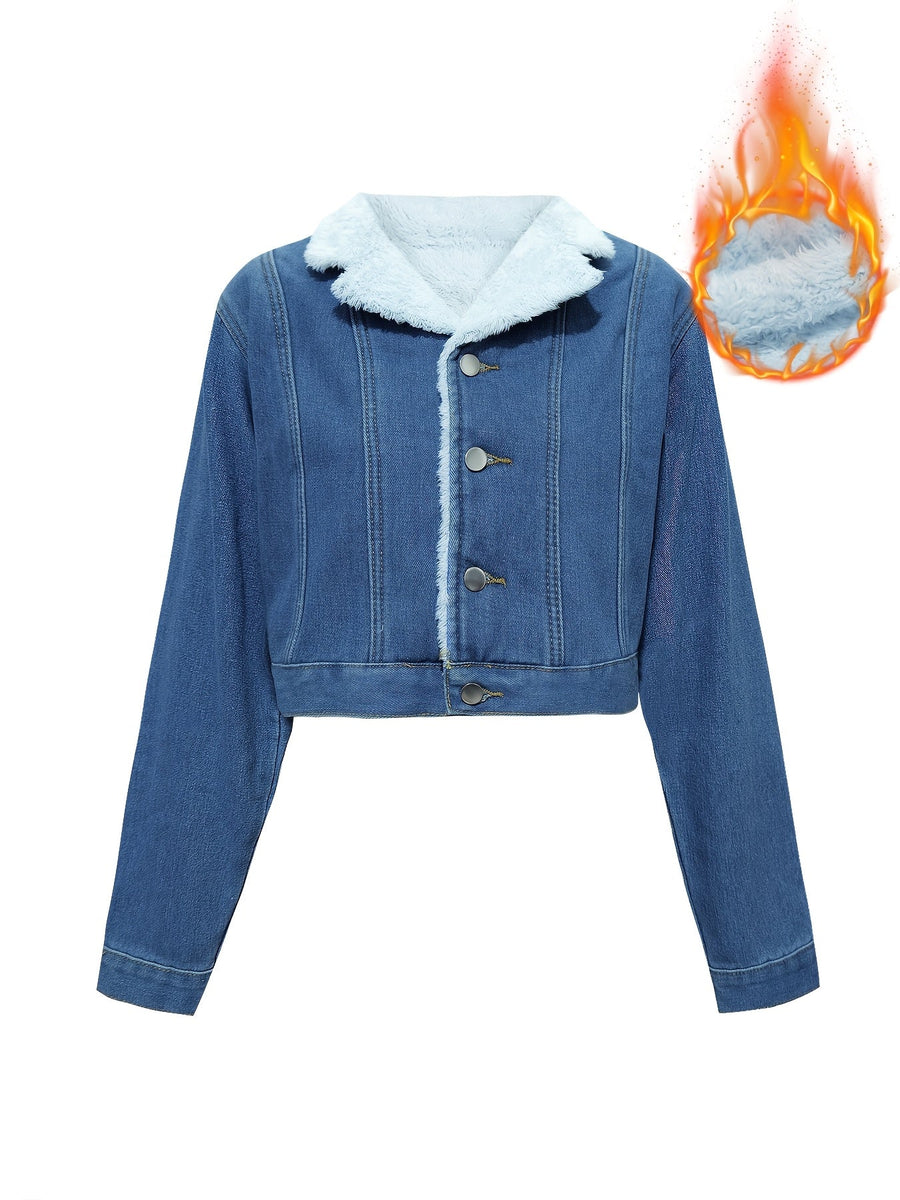 Blå jeansjacka med teddyfoder, kort modell för dam