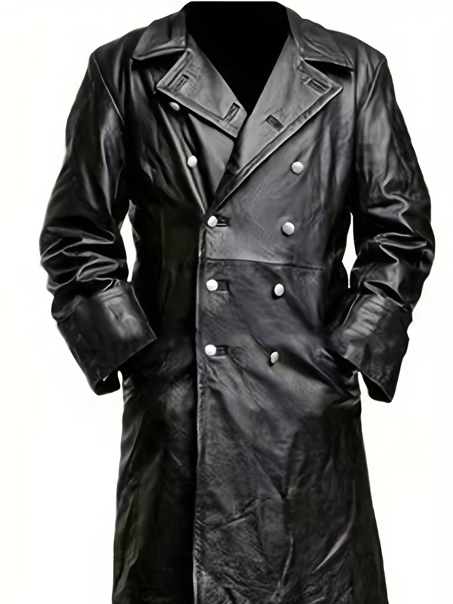 Svart lång trenchcoat för herrar med dubbelknäppning