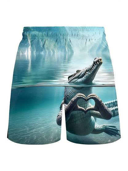 Herr Badshorts Rolig Krokodil Med Hjärtformade Händer – Trendiga Strandshorts För Sommar & Bad