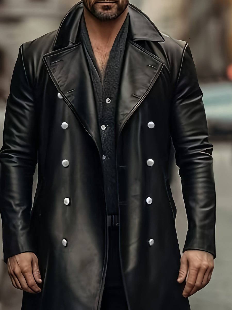 Svart lång trenchcoat för herrar med dubbelknäppning