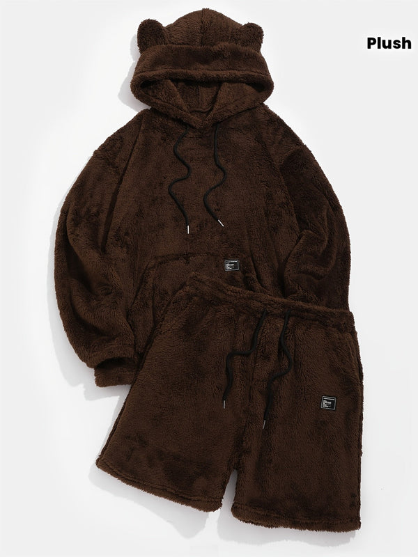 Brun plyschhoodie med öron och shorts, matchande set